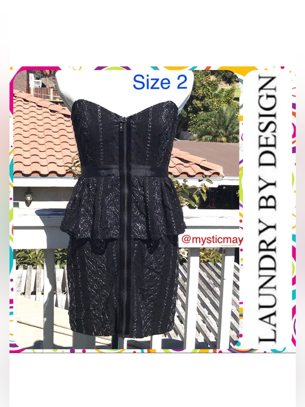 Vintage LAUNDRY By DESIGN Black Lace Sweetheart Neck Strapless Peplum Dress Sz 2